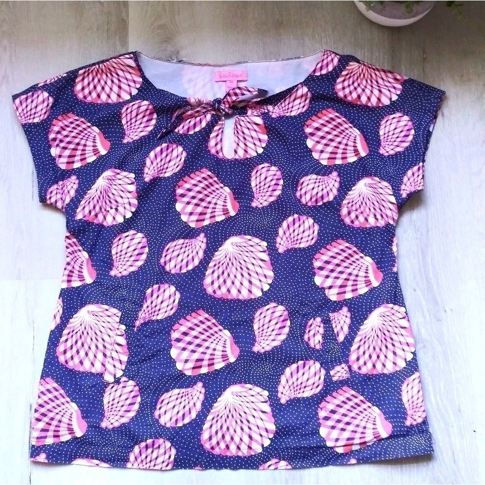 Lilly Pulitzer shell top/ blouse with pockets navy seashels blue pink womens xs